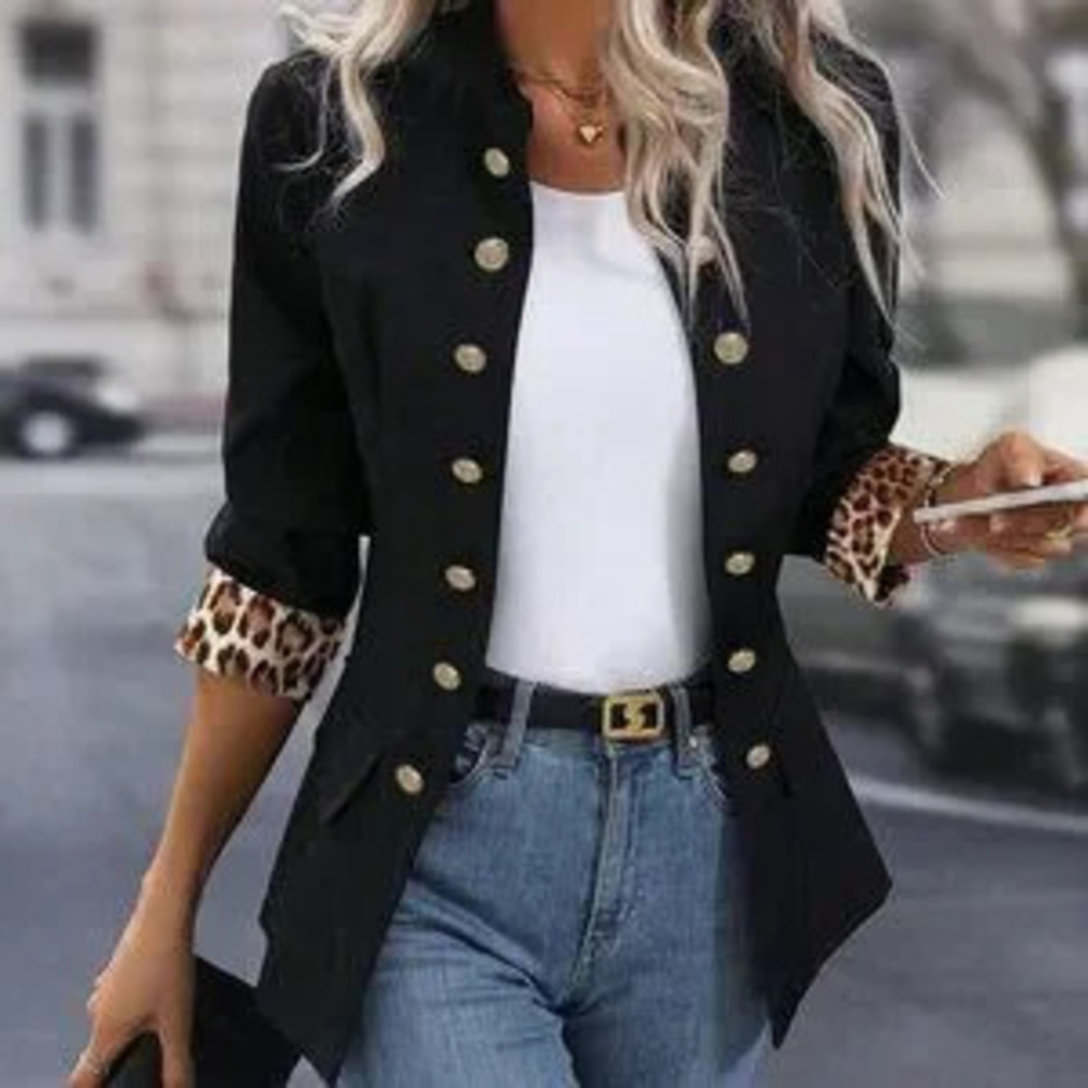 Black Casual Women's Leopard Print Suit Jacket